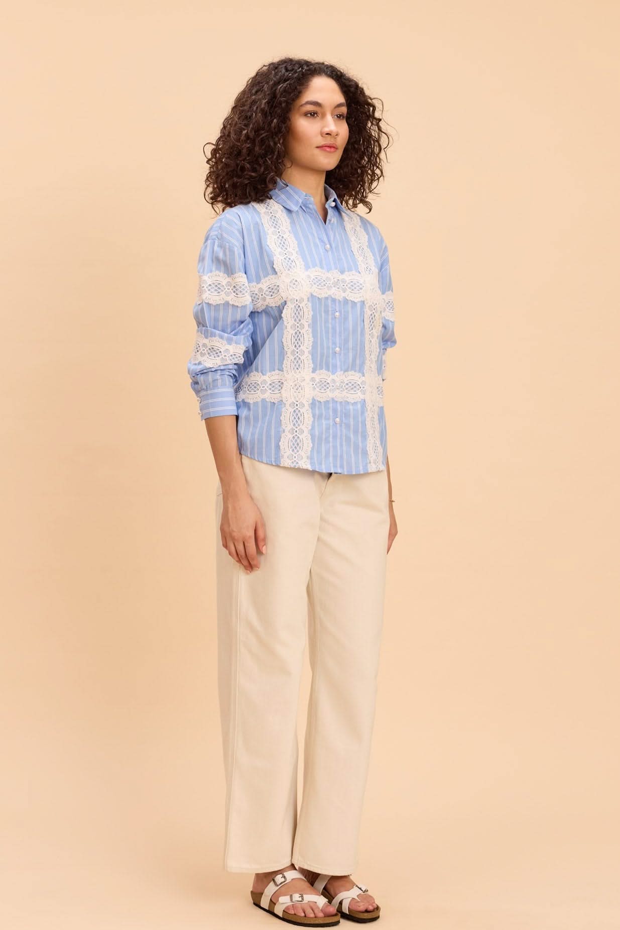 PEONY YARN DYED STRIPE SHIRT WITH LACE DETAIL - Sunday Story