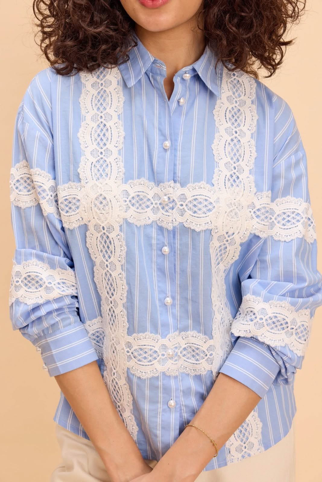 PEONY YARN DYED STRIPE SHIRT WITH LACE DETAIL - Sunday Story