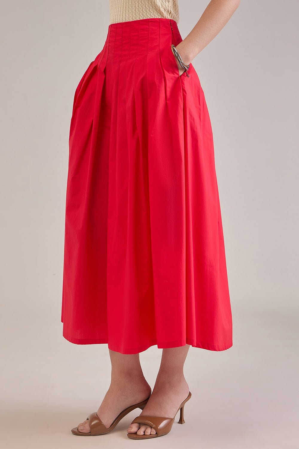 SHAE RED COTTON PLEATED FLARED MIDI SKIRT - Sunday Story