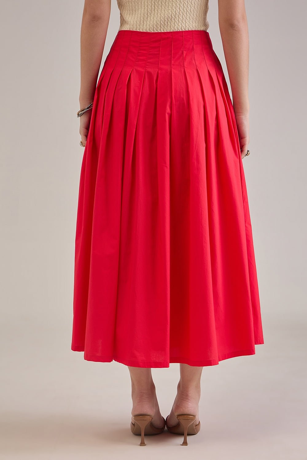SHAE RED COTTON PLEATED FLARED MIDI SKIRT - Sunday Story