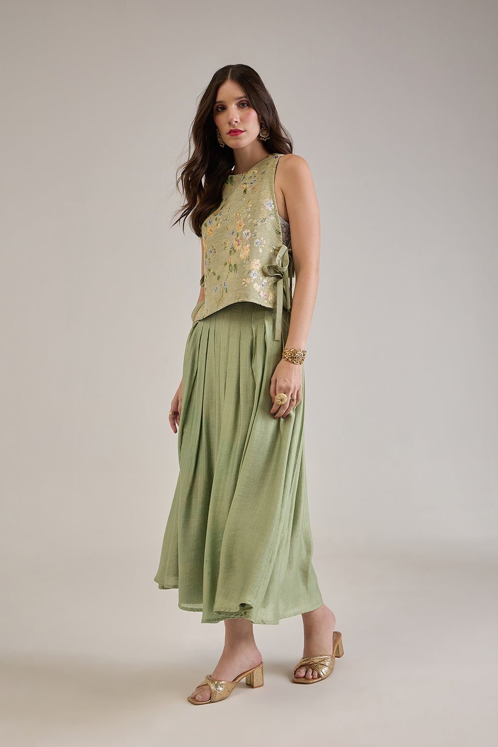 SHAE SAGE GREEN VISCOSE PLEATED FLARED MIDI SKIRT - Sunday Story