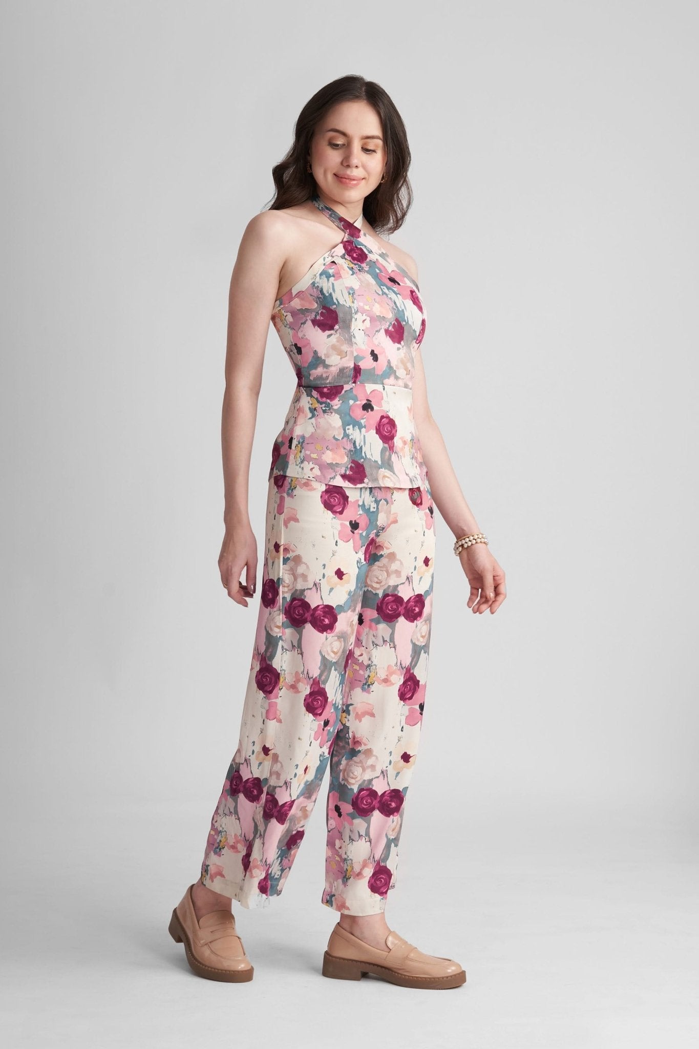 STACIA CO-ORD SET WITH HALTER TOP AND STRAIGHT PANTS IN PRINTED VISCOSE - Sunday Story
