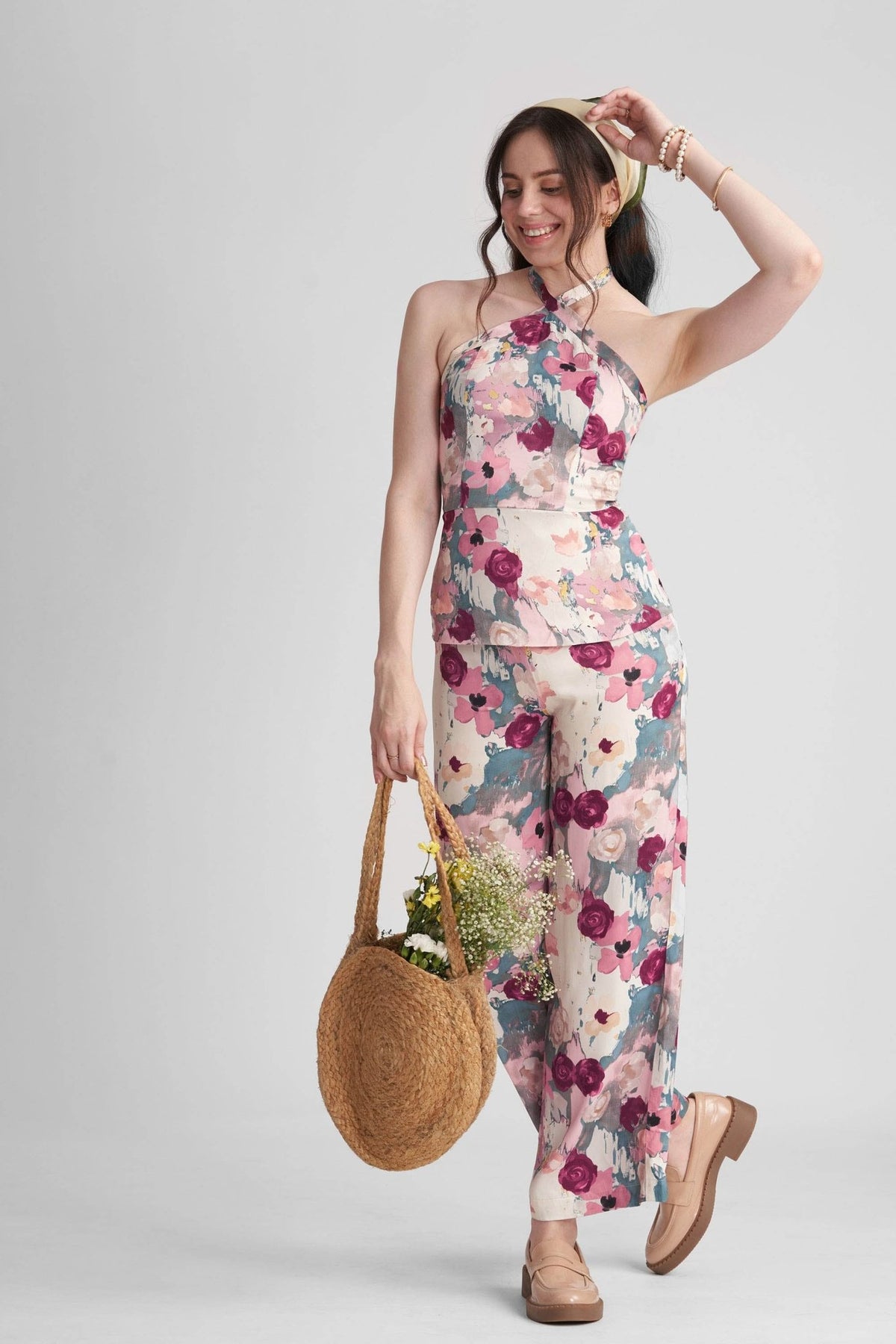STACIA CO-ORD SET WITH HALTER TOP AND STRAIGHT PANTS IN PRINTED VISCOSE - Sunday Story