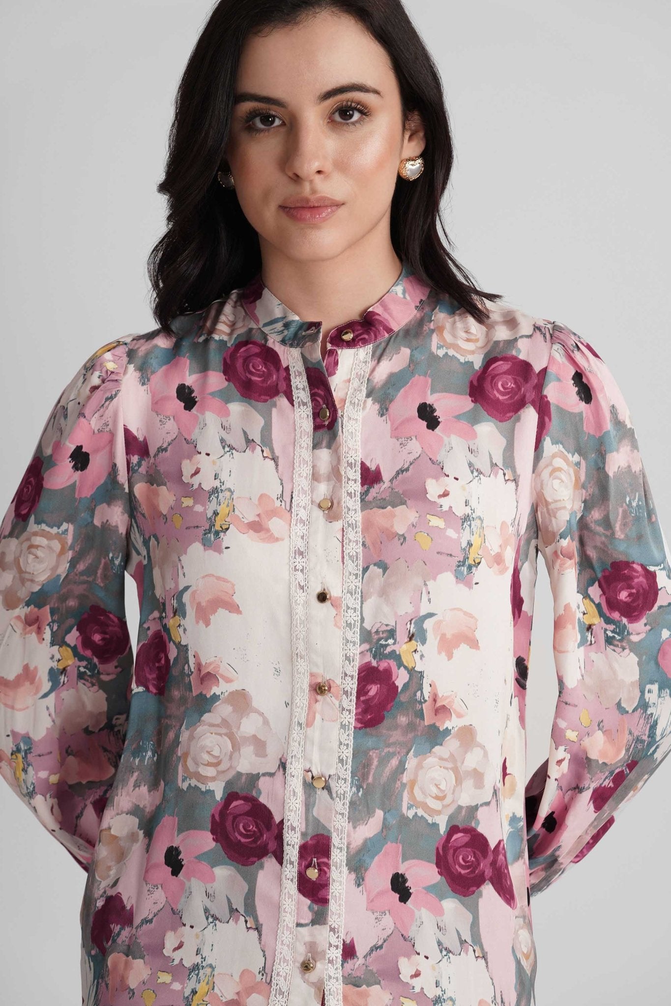 STACIA PRINTED SATIN SHIRT WITH LACE DETAIL AND STATEMENT BUTTONS - Sunday Story
