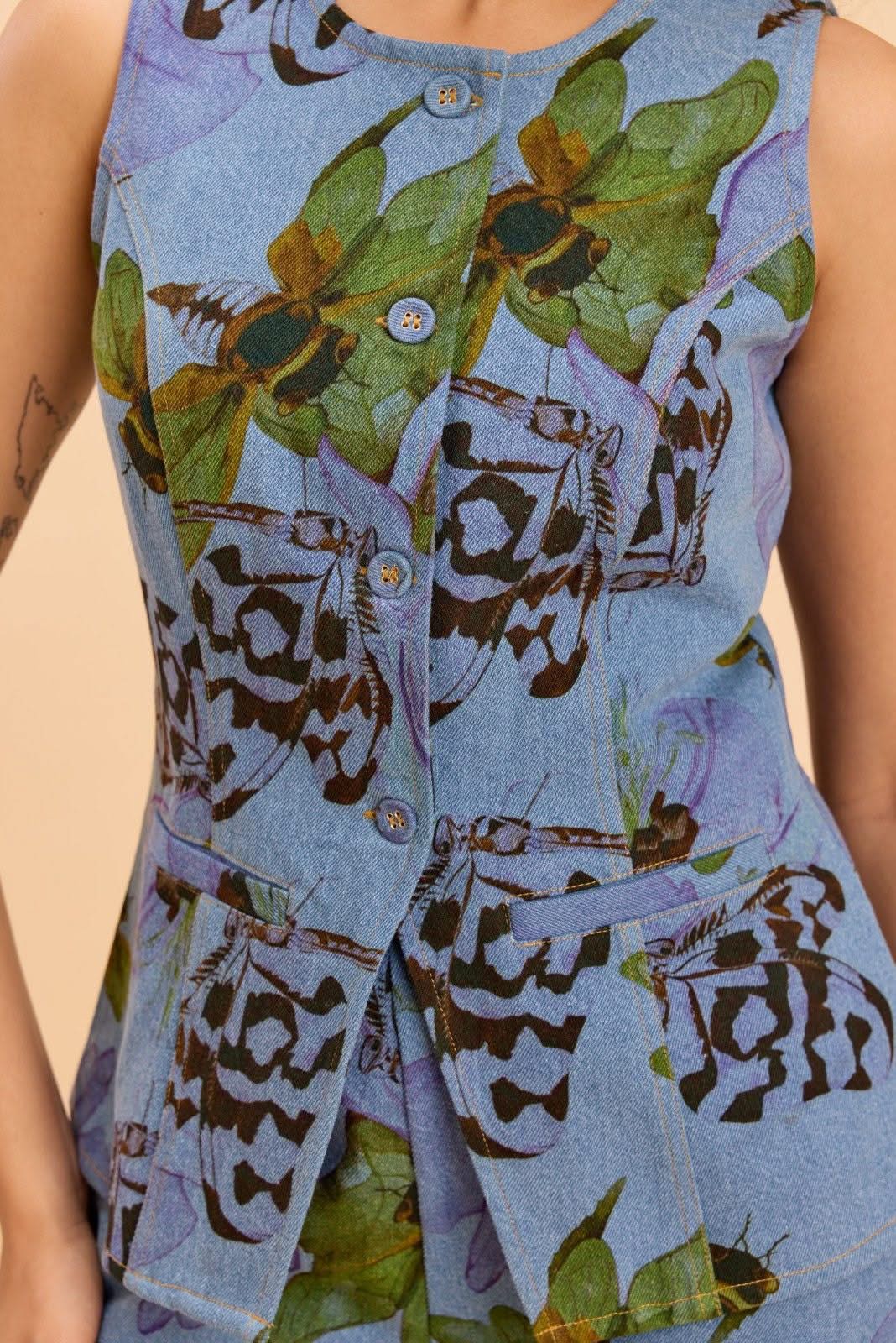 SUNNY PRINTED COTTON DENIM VEST AND PANTS CO-ORD SET - Sunday Story
