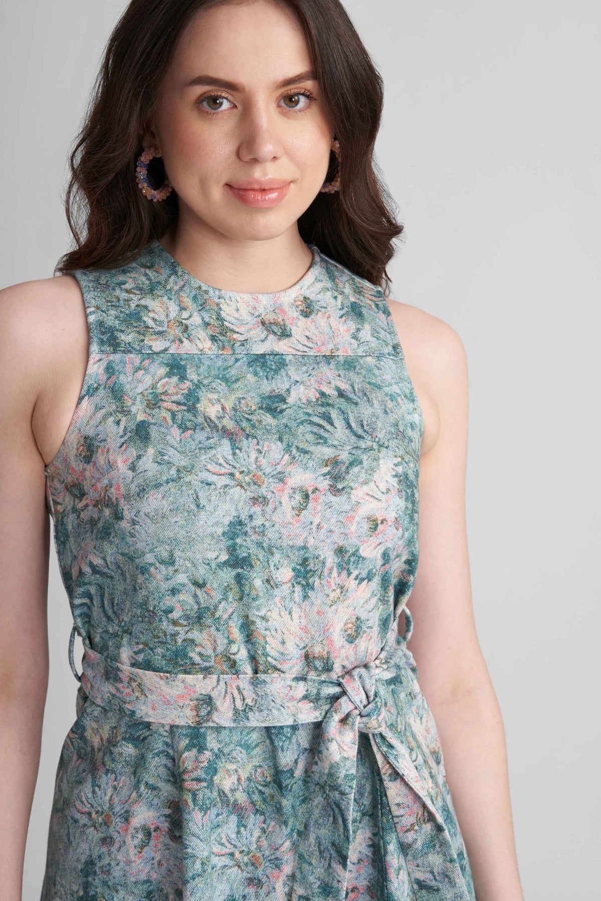 SUTTON PRINTED FIT AND FLARE SHORT DENIM DRESS WITH SELF FABRIC BELT - Sunday Story