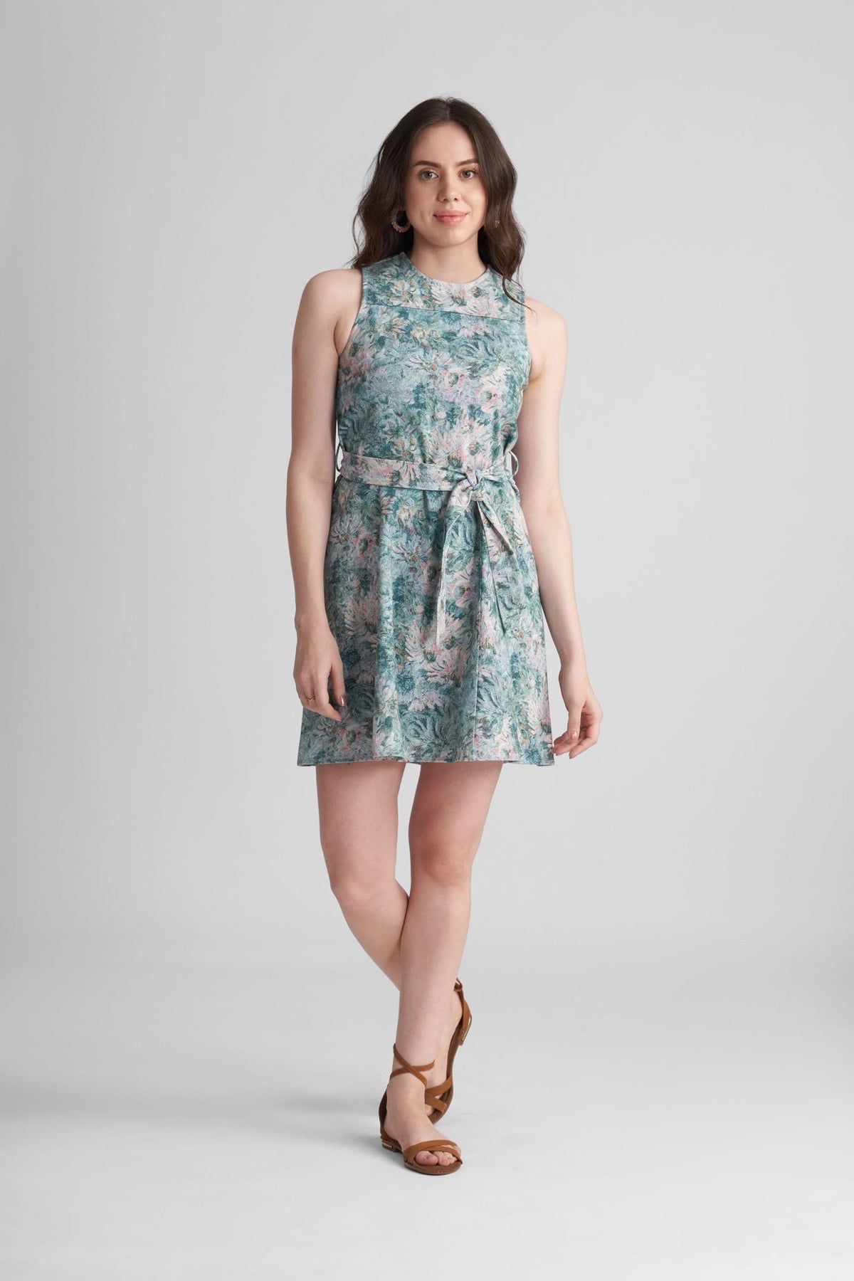 SUTTON PRINTED FIT AND FLARE SHORT DENIM DRESS WITH SELF FABRIC BELT - Sunday Story