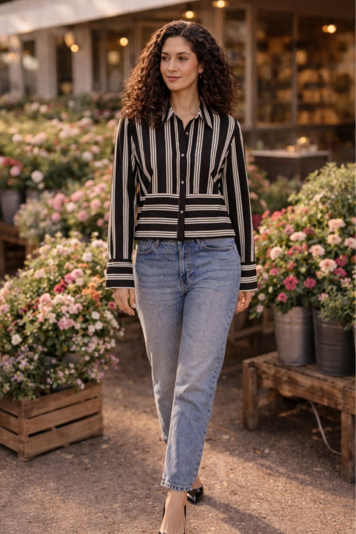 DAFFODIL STRIPE VISCOSE SHIRT WITH STATEMENT BUTTONS