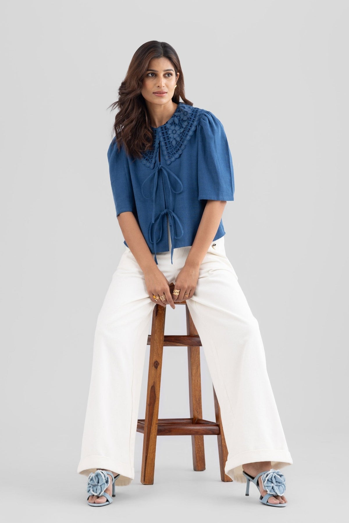 WINIE DENIM TOP WITH EMBROIDERED STATEMENT COLLAR - Sunday Story