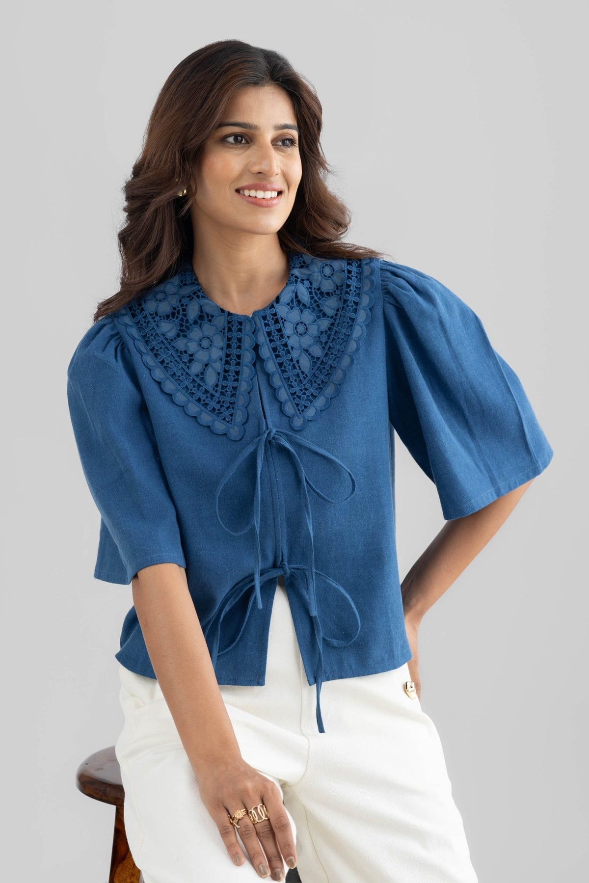 WINIE DENIM TOP WITH EMBROIDERED STATEMENT COLLAR - Sunday Story