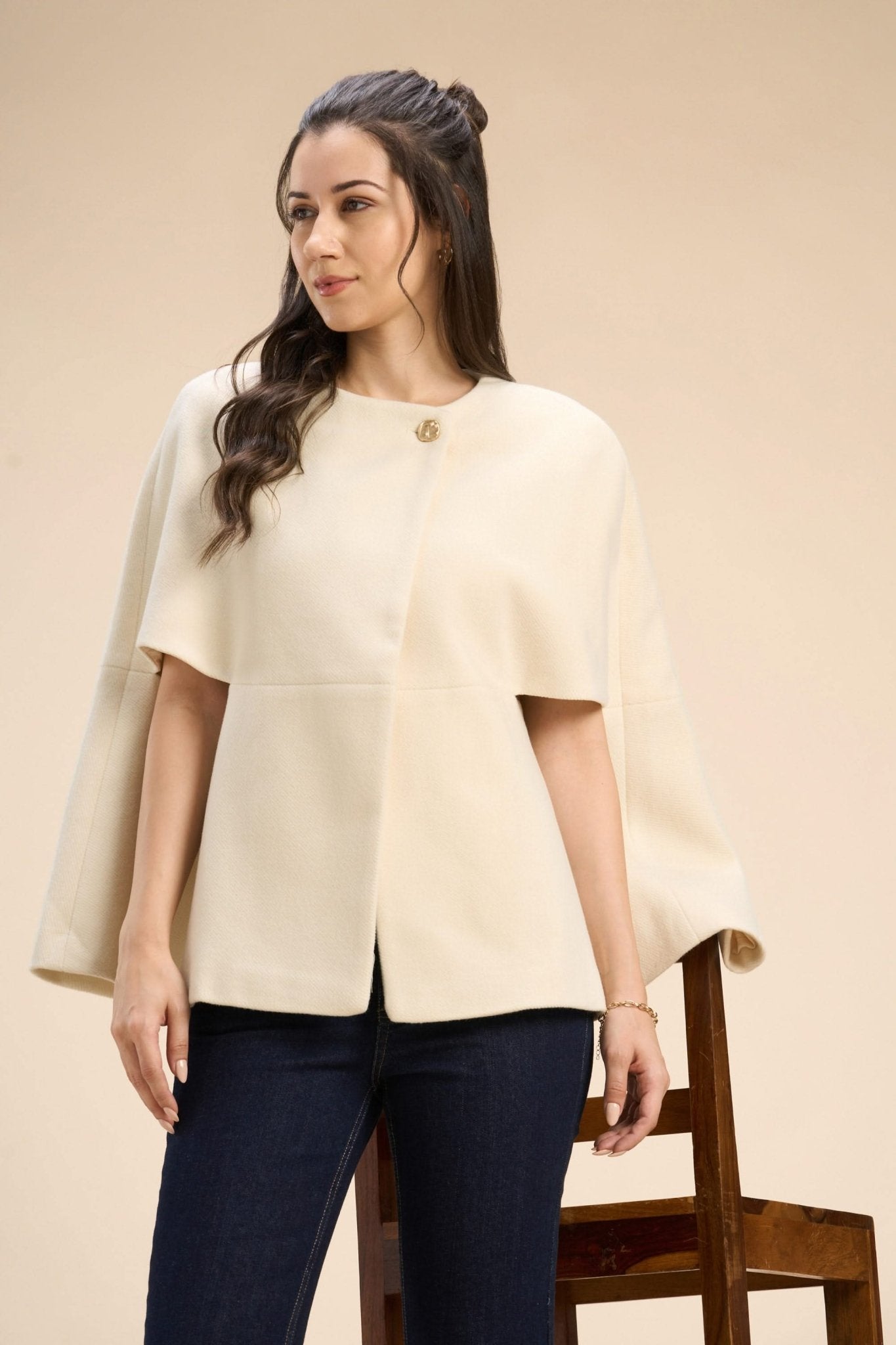 WINNY SUPERIOR WOOL-BLEND CAPE JACKET WITH GOLD BUTTON CLOSURE - Sunday Story