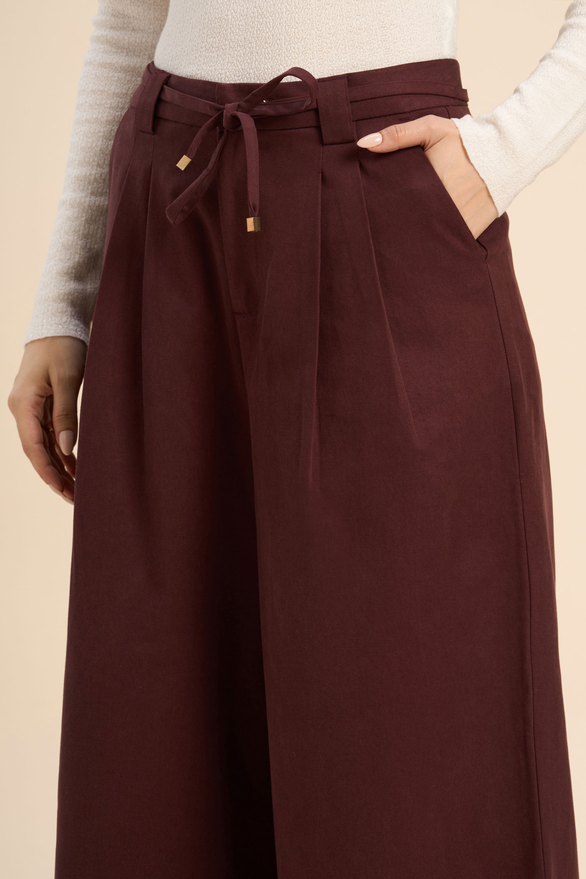 ALINA WIDE ANKLE PLEATED PANT WITH JEWEL BUTTON AND ROPE BELT - Sunday Story