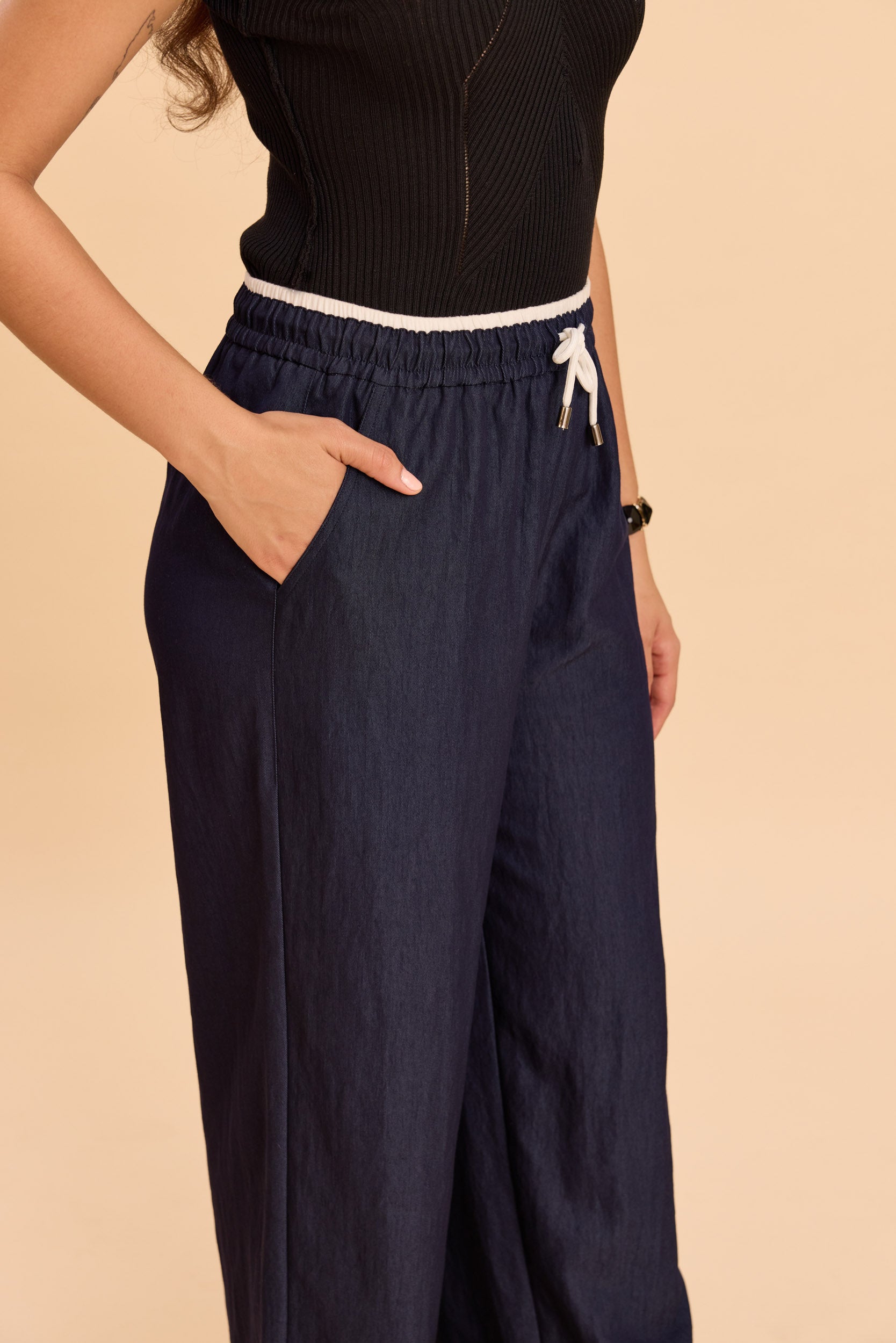 ASTRID WIDE ANKLE DENIM PANTS WITH CONTRAST WAIST BAND - Sunday Story