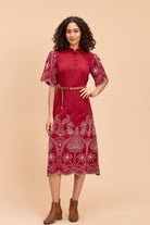 ALBA EMBROIDERED VISCOSE NYLON MIDI DRESS WITH BELT