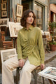 DEMI ASYMMETRICAL GATHERED SHIRT WITH STATEMENT BUTTONS