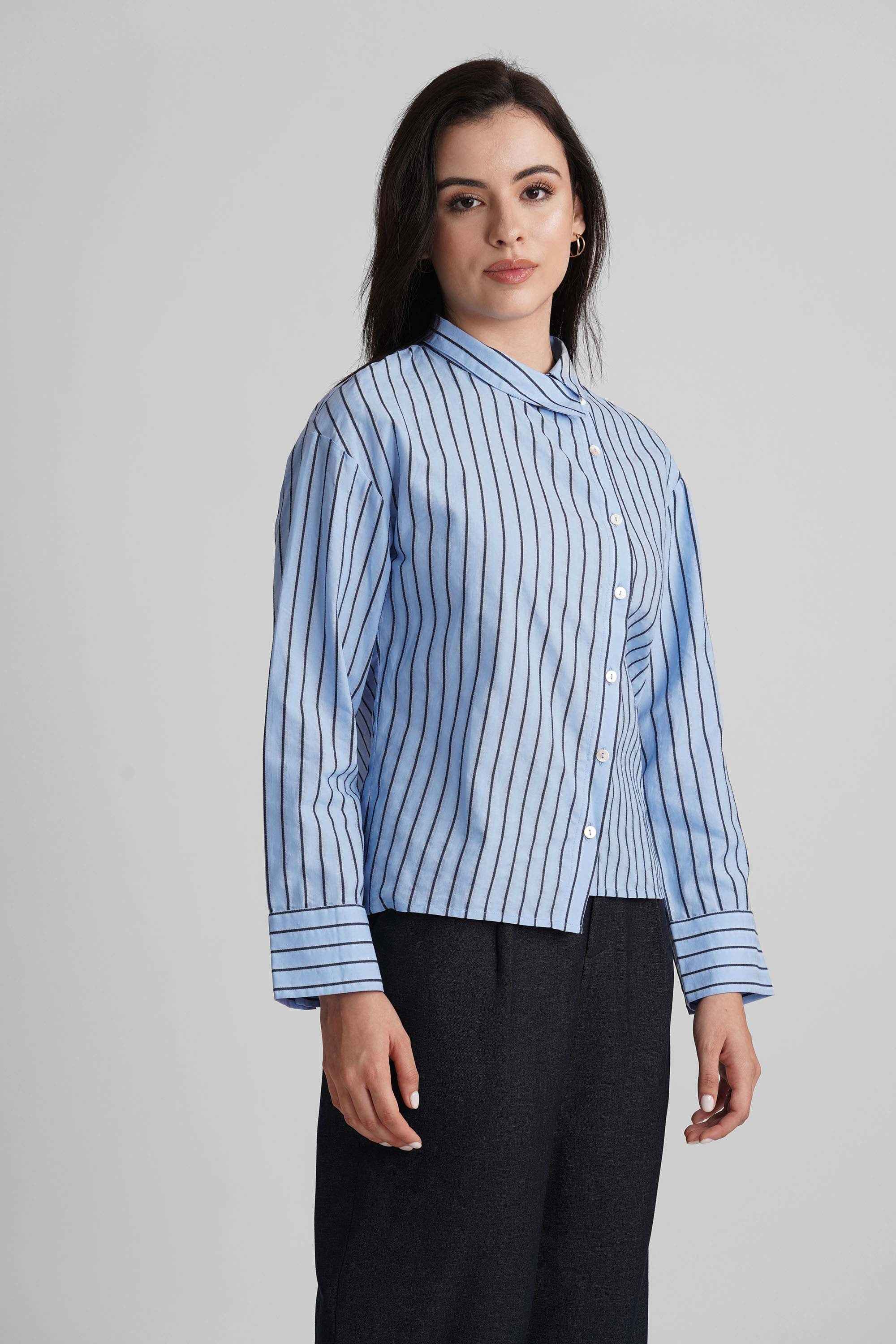 BRIONY COTTON STRIPE SHIRT WITH ASYMETRICAL PLACKET