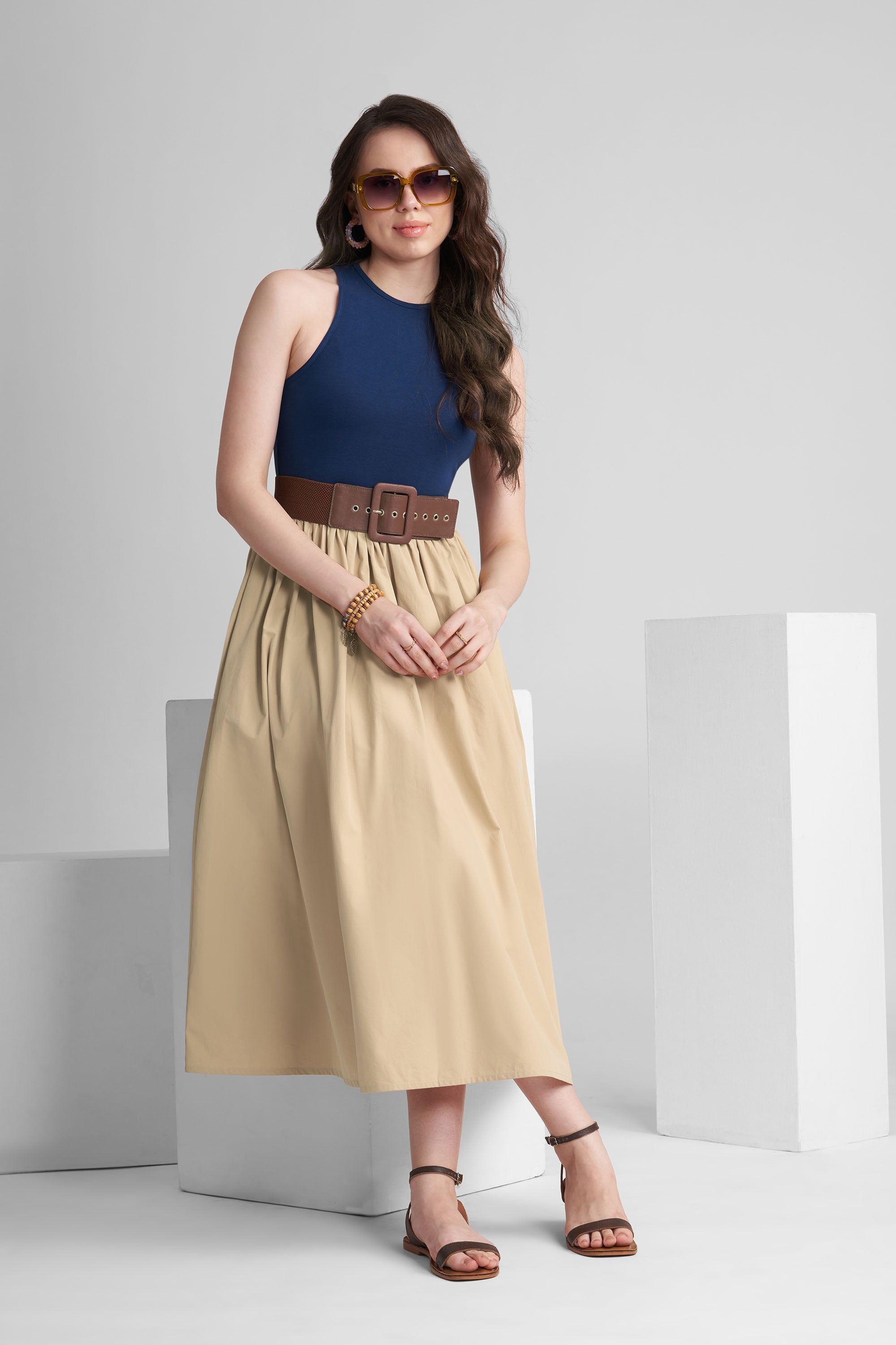 PETRA FIT AND FLARE COTTON MIDI DRESS IN KNIT & WOVEN - Sunday Story