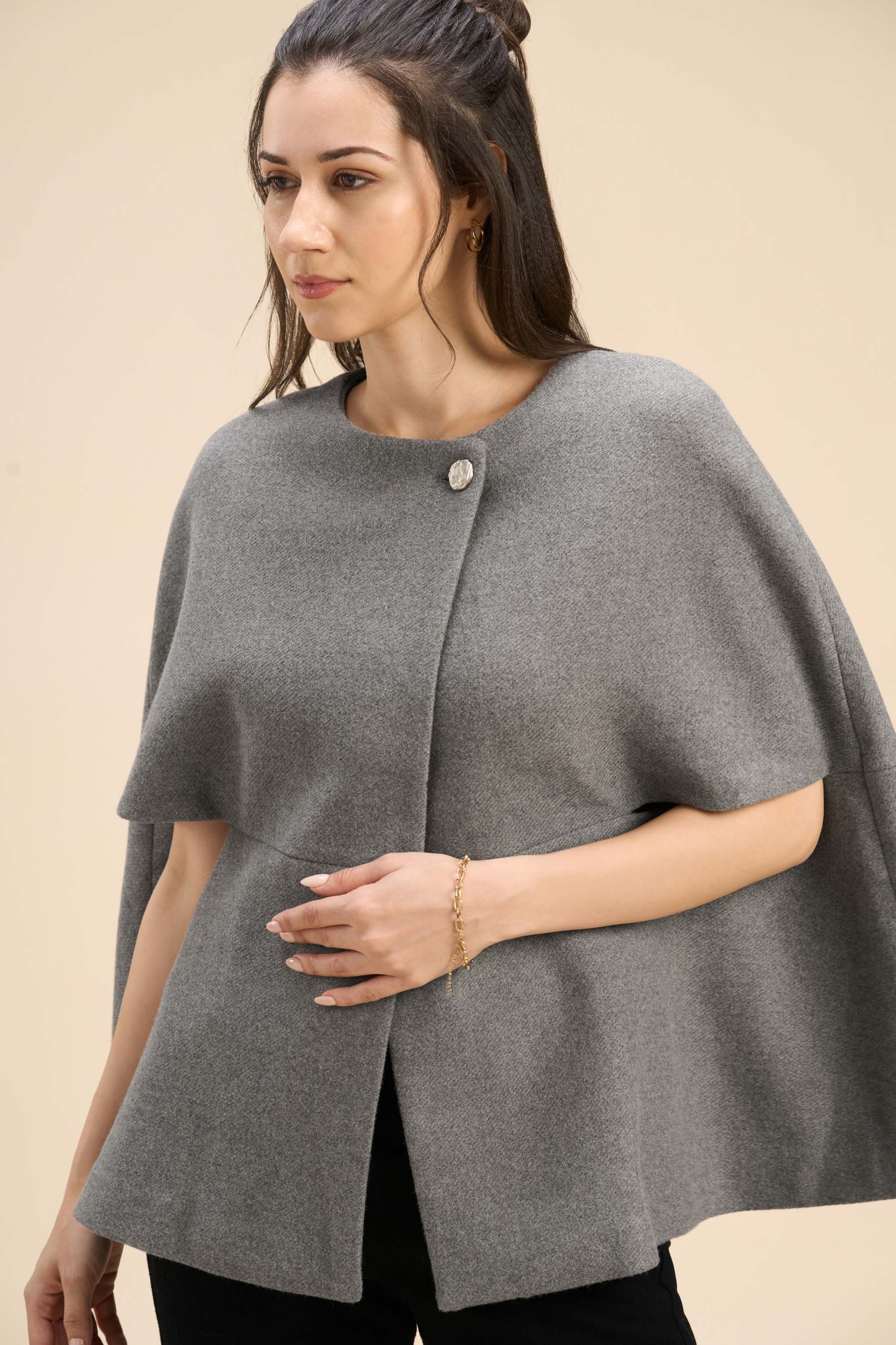 WINNY SUPERIOR WOOL-BLEND CAPE JACKET WITH GOLD BUTTON CLOSURE - Sunday Story