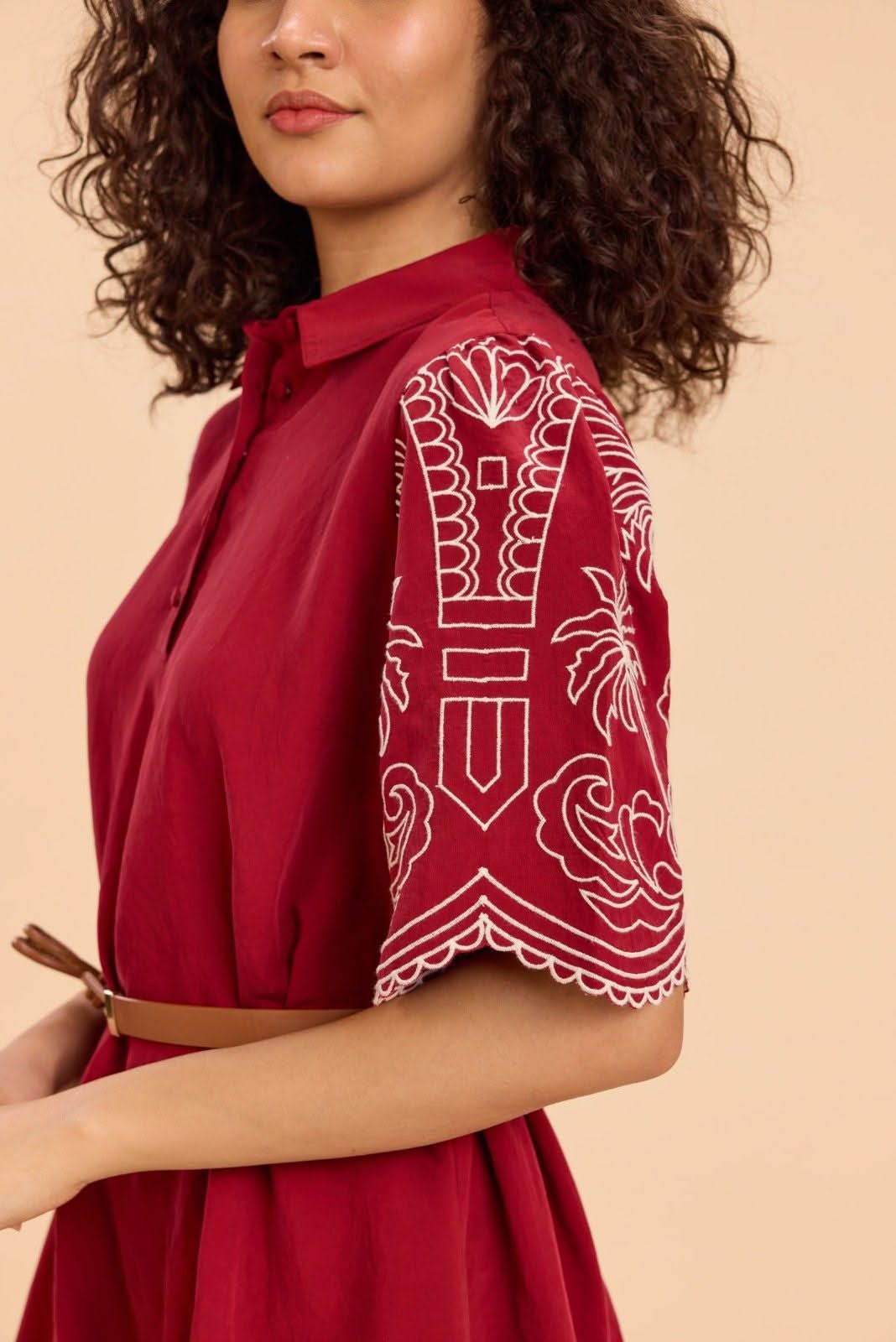 ALBA EMBROIDERED VISCOSE NYLON MIDI DRESS WITH BELT - Sunday Story