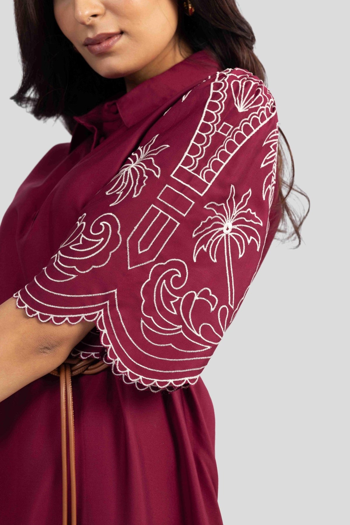ALBA EMBROIDERED VISCOSE NYLON MIDI DRESS WITH BELT - Sunday Story