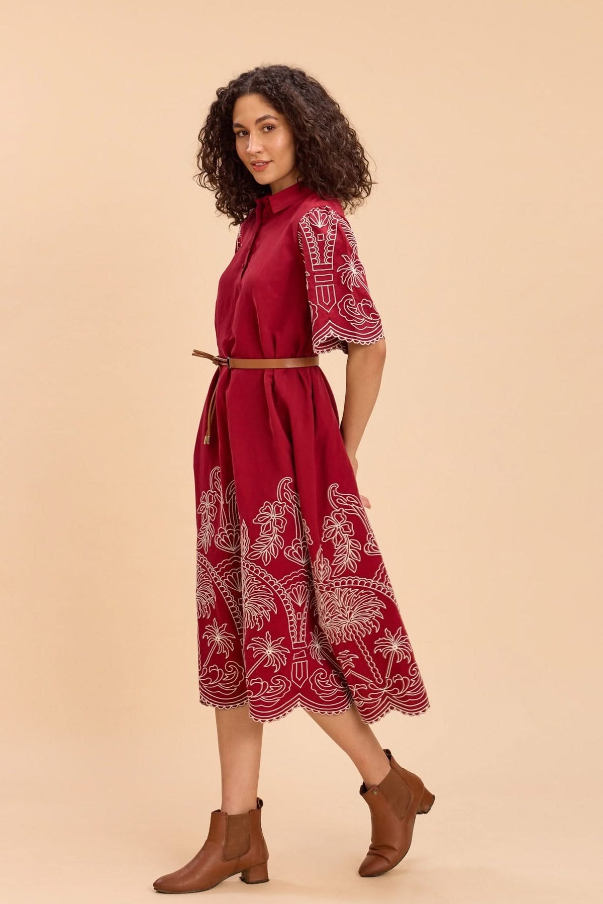 ALBA EMBROIDERED VISCOSE NYLON MIDI DRESS WITH BELT - Sunday Story