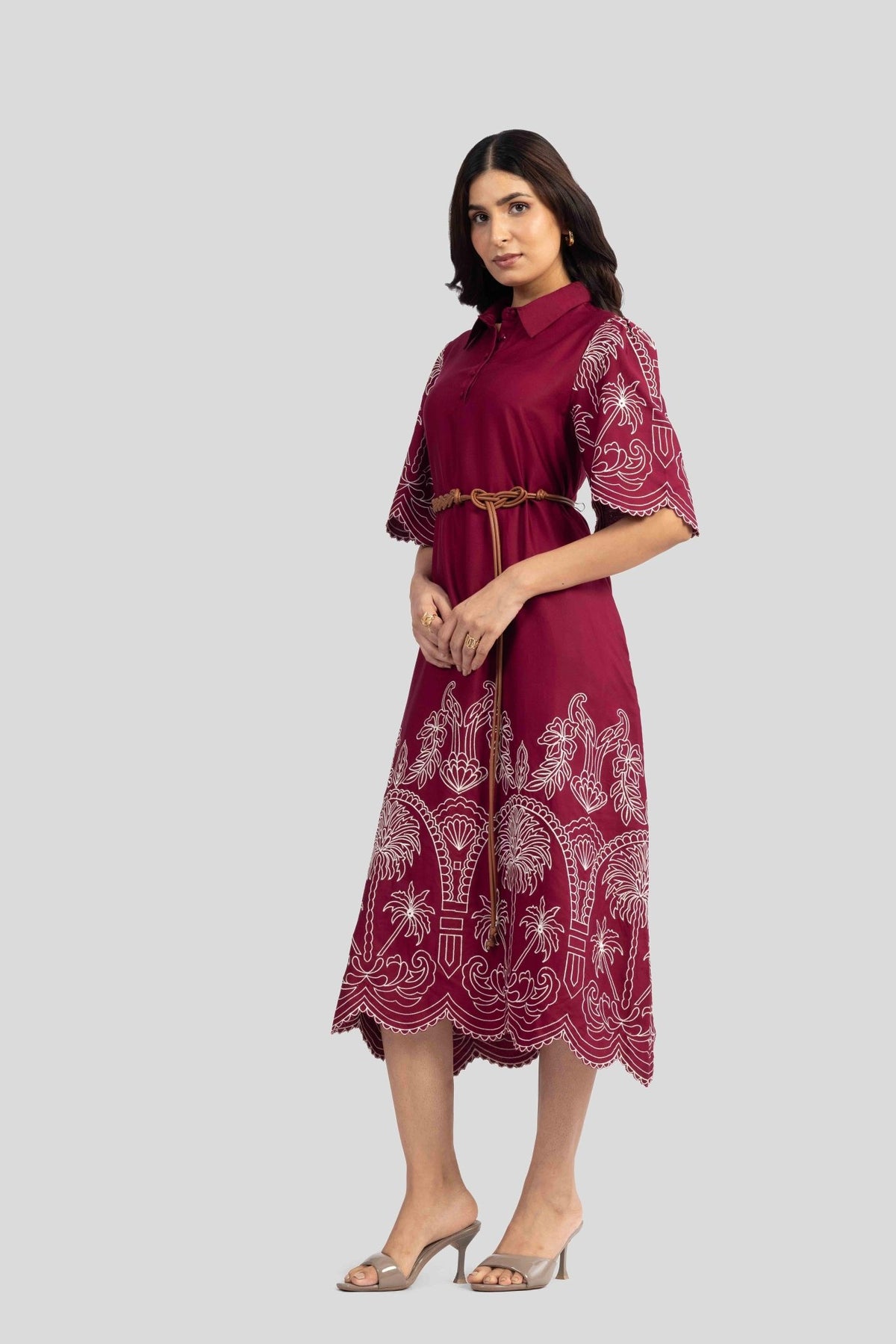 ALBA EMBROIDERED VISCOSE NYLON MIDI DRESS WITH BELT - Sunday Story