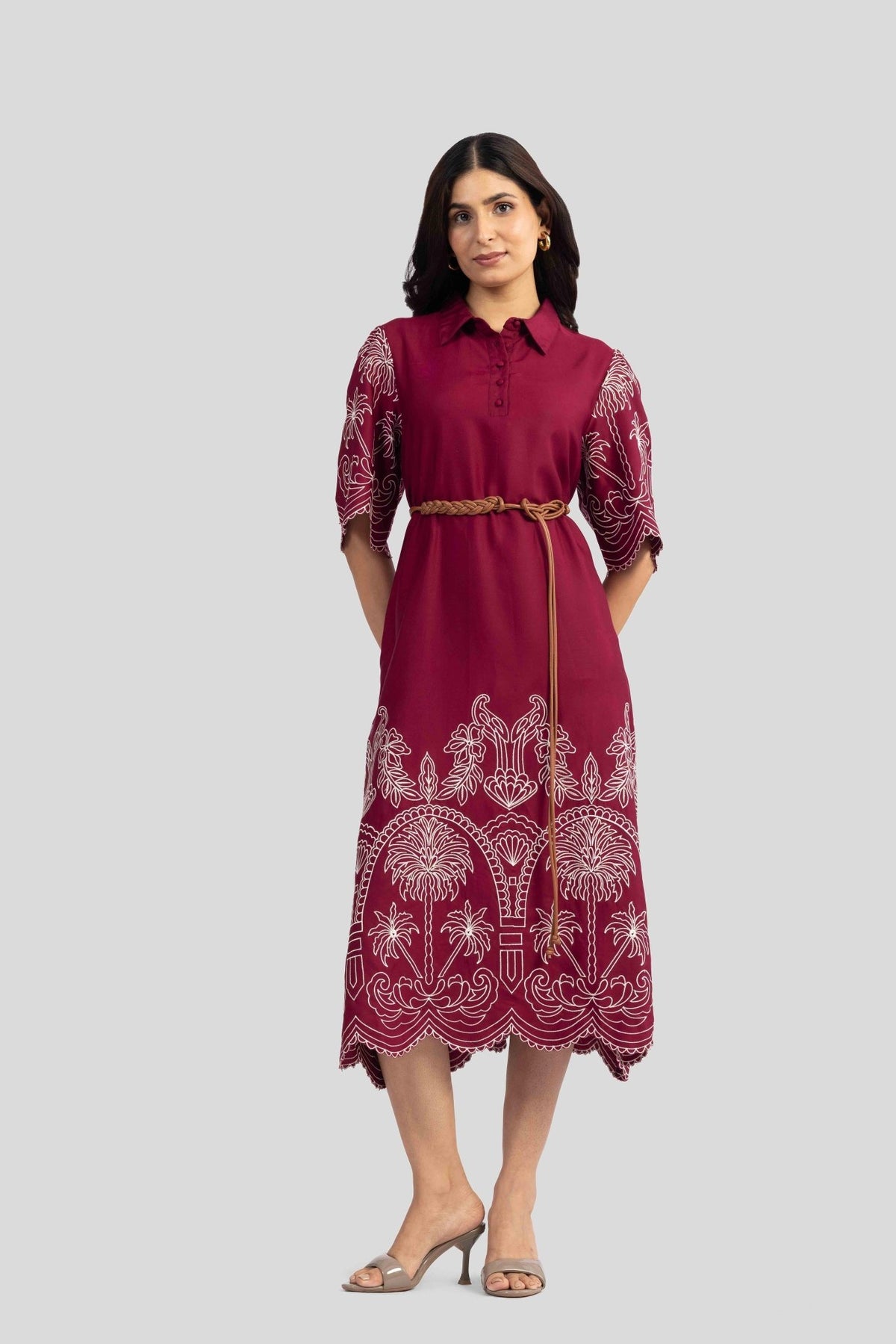 ALBA EMBROIDERED VISCOSE NYLON MIDI DRESS WITH BELT - Sunday Story