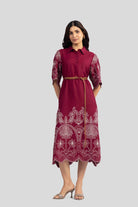 ALBA EMBROIDERED VISCOSE NYLON MIDI DRESS WITH BELT - Sunday Story