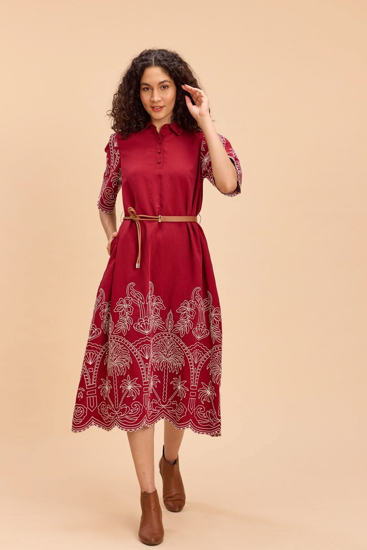 ALBA EMBROIDERED VISCOSE NYLON MIDI DRESS WITH BELT - Sunday Story