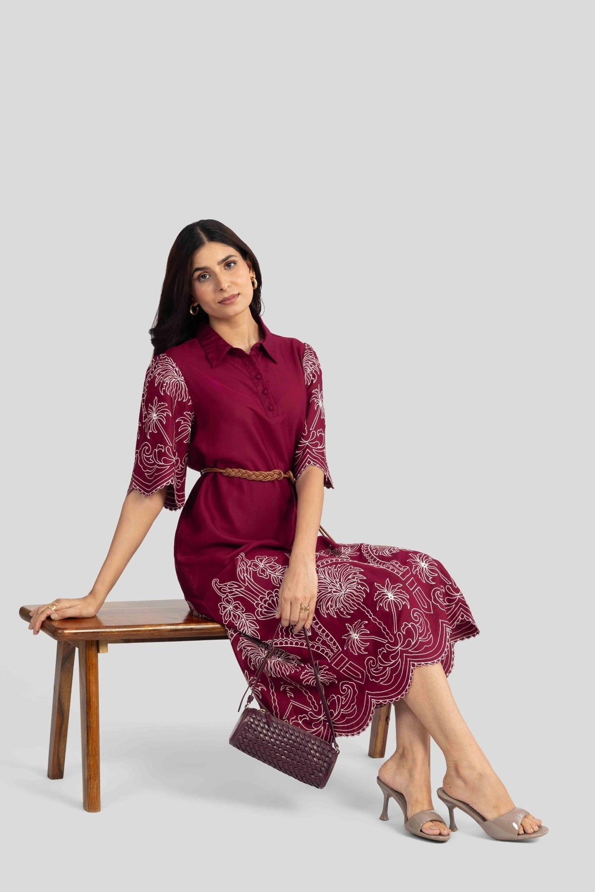 ALBA EMBROIDERED VISCOSE NYLON MIDI DRESS WITH BELT - Sunday Story