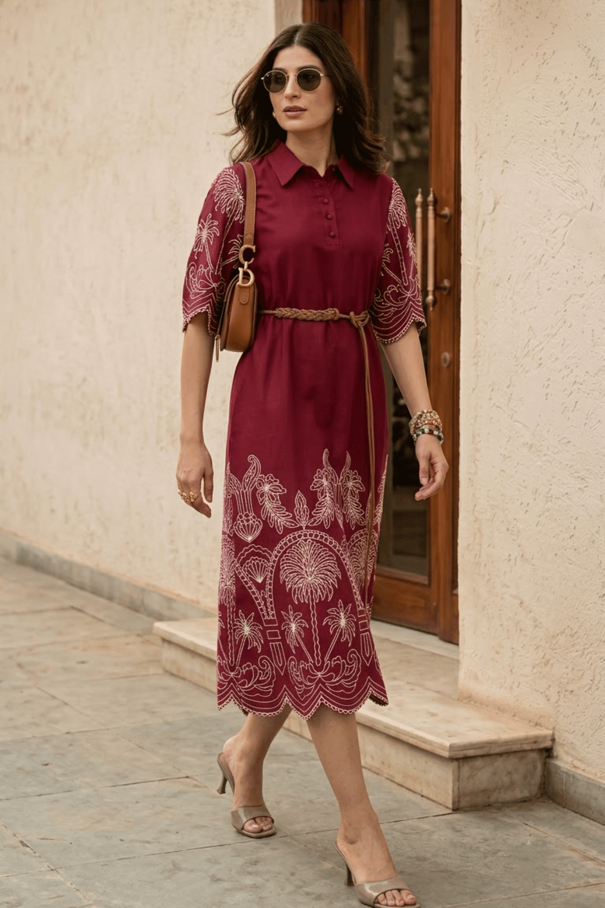 ALBA EMBROIDERED VISCOSE NYLON MIDI DRESS WITH BELT - Sunday Story
