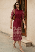ALBA EMBROIDERED VISCOSE NYLON MIDI DRESS WITH BELT - Sunday Story