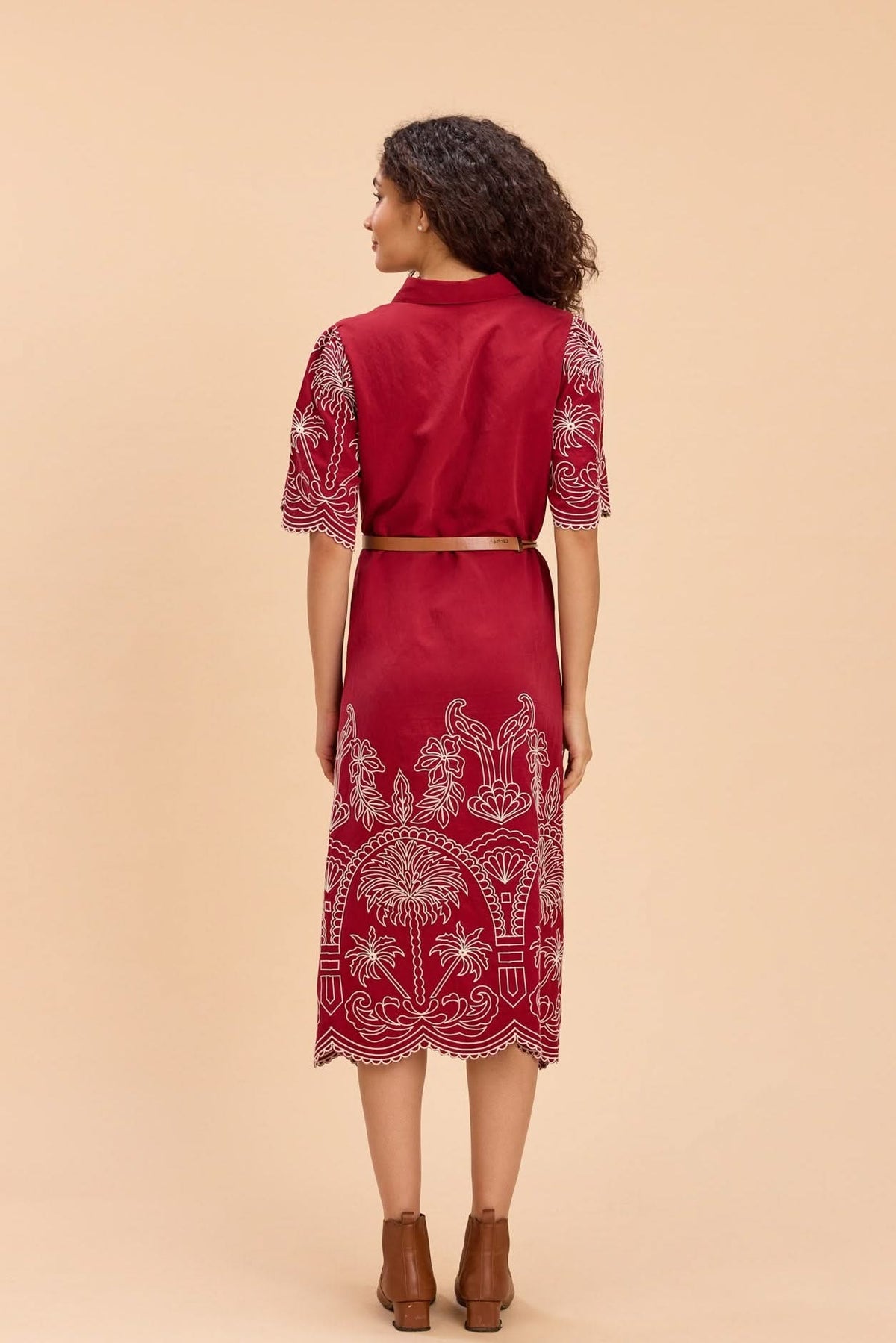 ALBA EMBROIDERED VISCOSE NYLON MIDI DRESS WITH BELT - Sunday Story