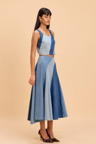 ALICE PANELLED CROP TOP AND FLARED MIDI SKIRT DENIM CO-ORD SET - Sunday Story