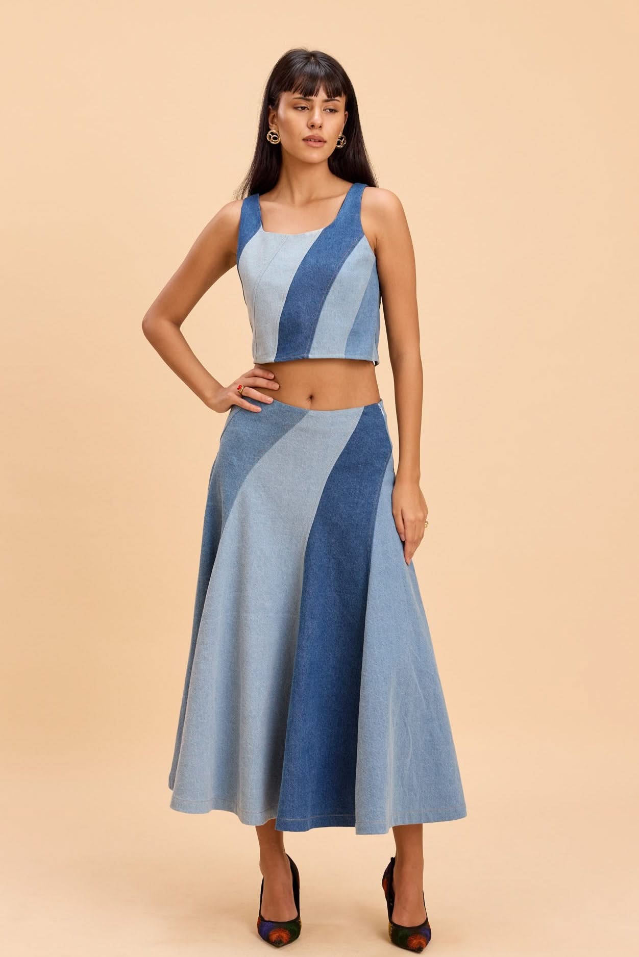 ALICE PANELLED CROP TOP AND FLARED MIDI SKIRT DENIM CO-ORD SET - Sunday Story
