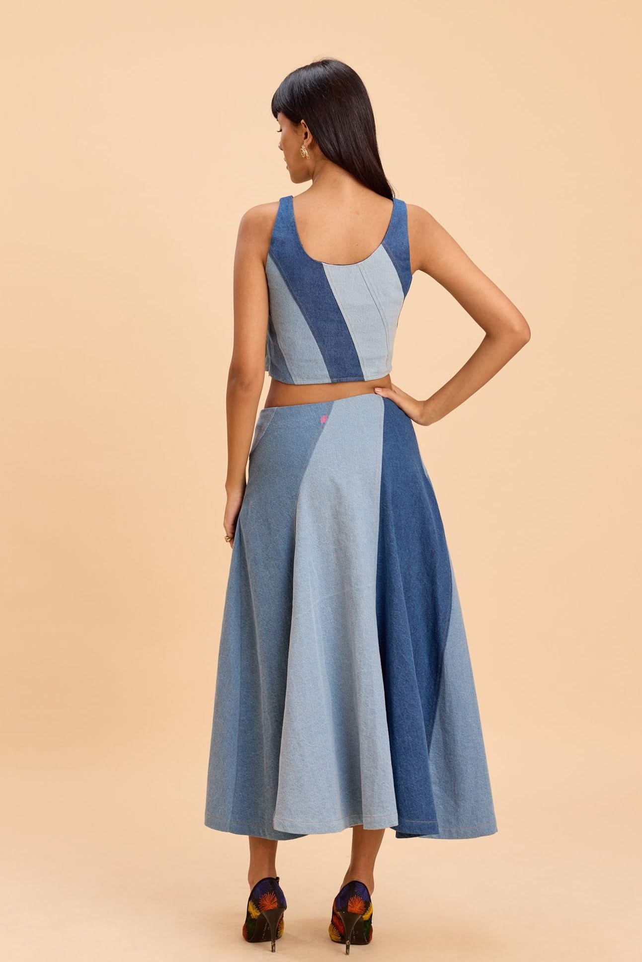 ALICE PANELLED CROP TOP AND FLARED MIDI SKIRT DENIM CO-ORD SET - Sunday Story