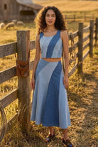 ALICE PANELLED CROP TOP AND FLARED MIDI SKIRT DENIM CO-ORD SET - Sunday Story