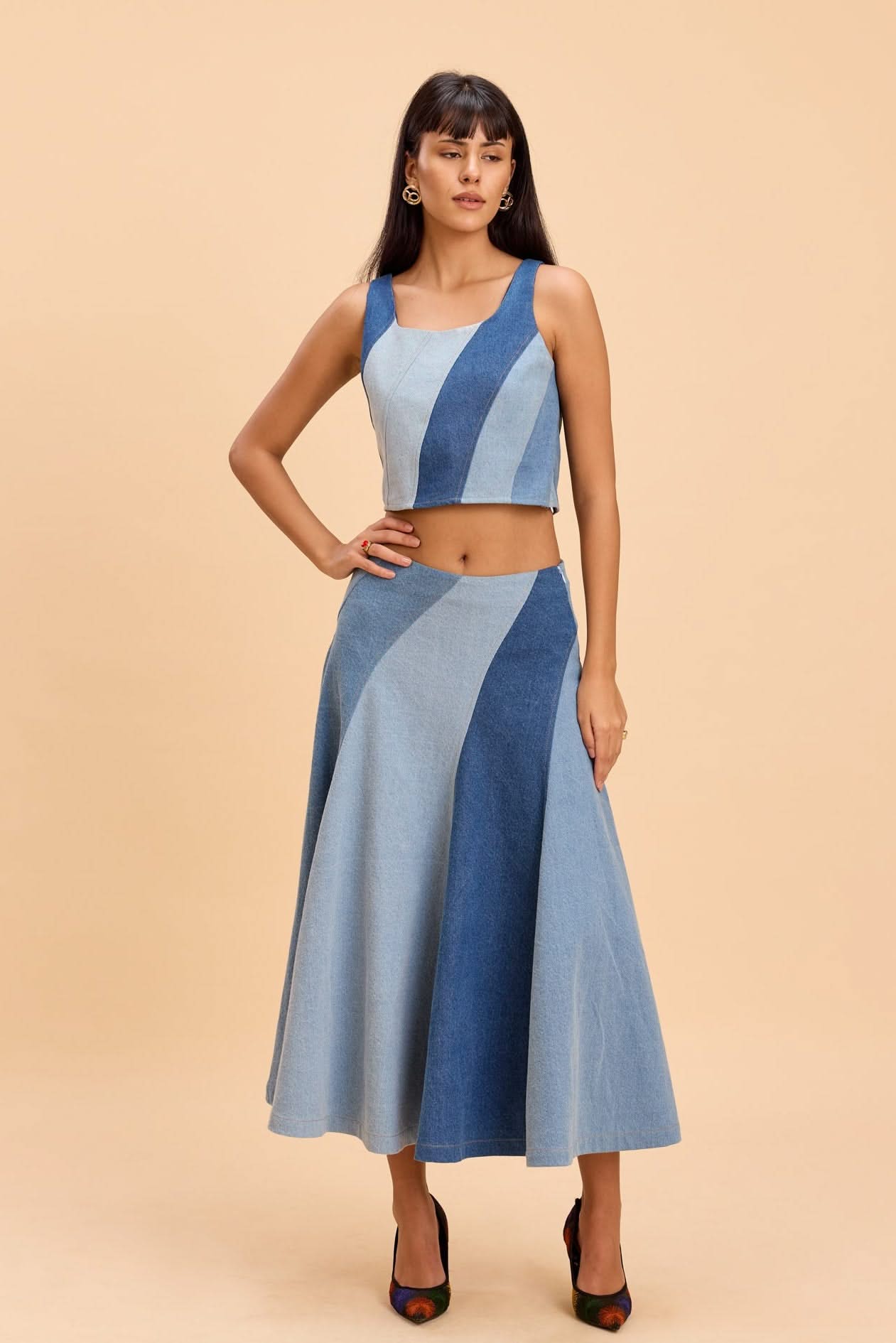 ALICE PANELLED DENIM FLARED SKIRT - Sunday Story