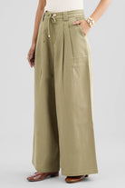 ALINA WIDE ANKLE PLEATED PANT WITH JEWEL BUTTON AND ROPE BELT - Sunday Story