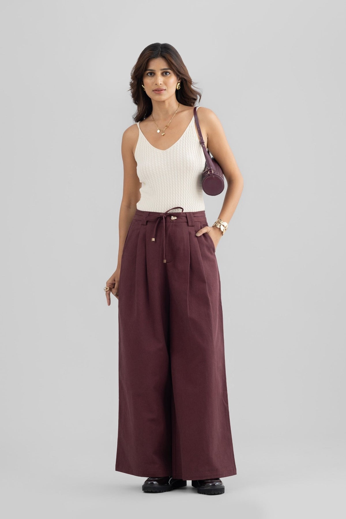 ALINA WIDE ANKLE PLEATED PANT WITH JEWEL BUTTON AND ROPE BELT - Sunday Story