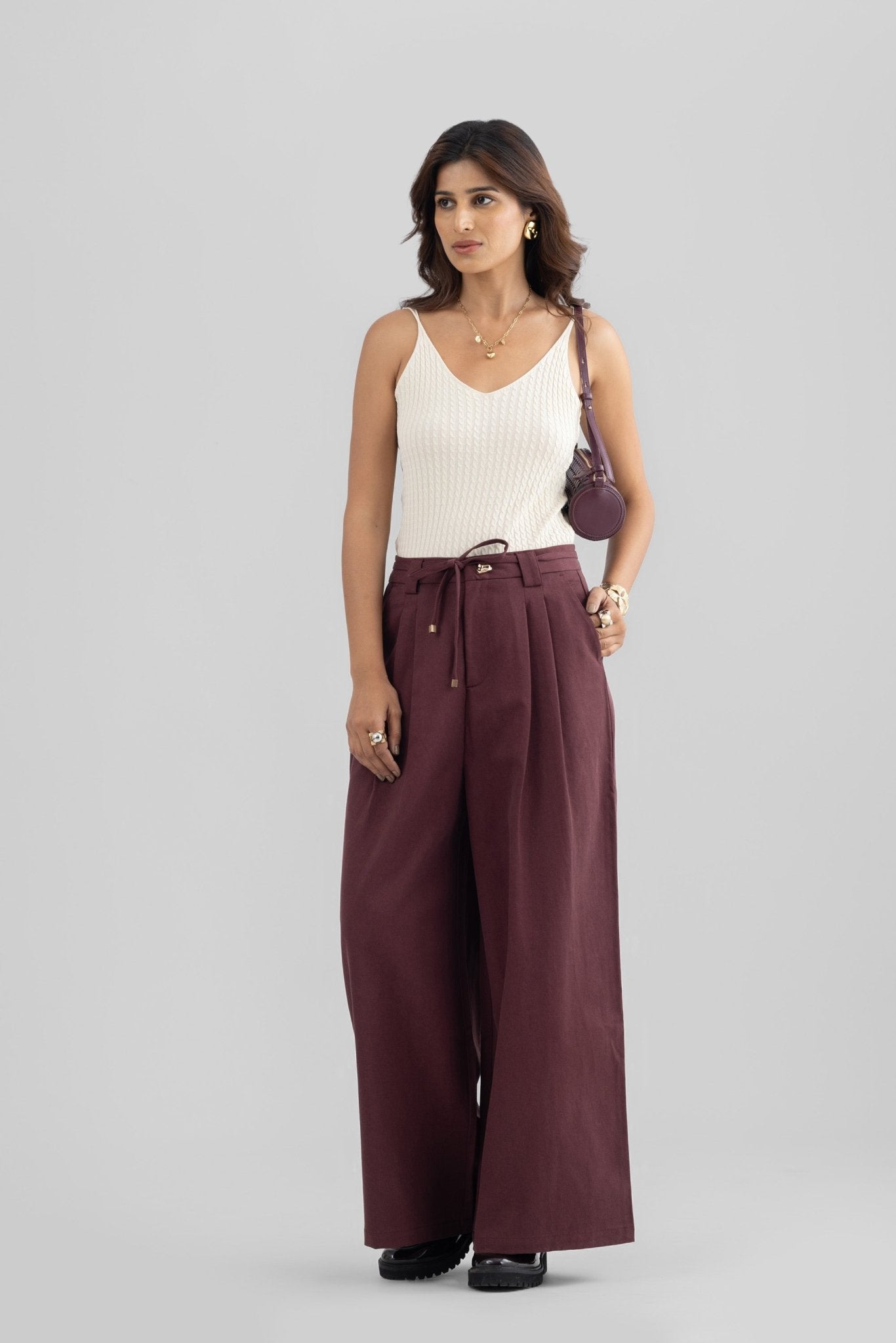 ALINA WIDE ANKLE PLEATED PANT WITH JEWEL BUTTON AND ROPE BELT - Sunday Story