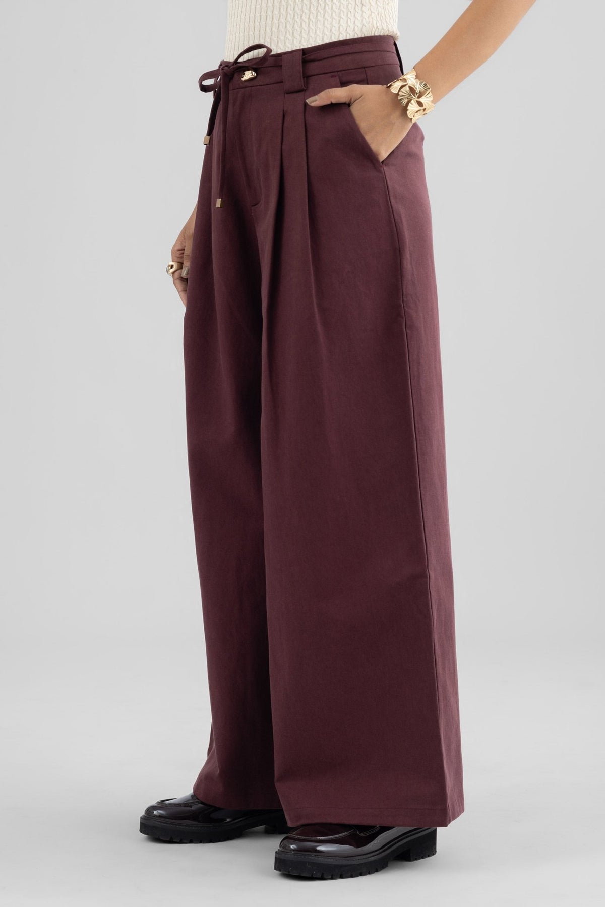 ALINA WIDE ANKLE PLEATED PANT WITH JEWEL BUTTON AND ROPE BELT - Sunday Story
