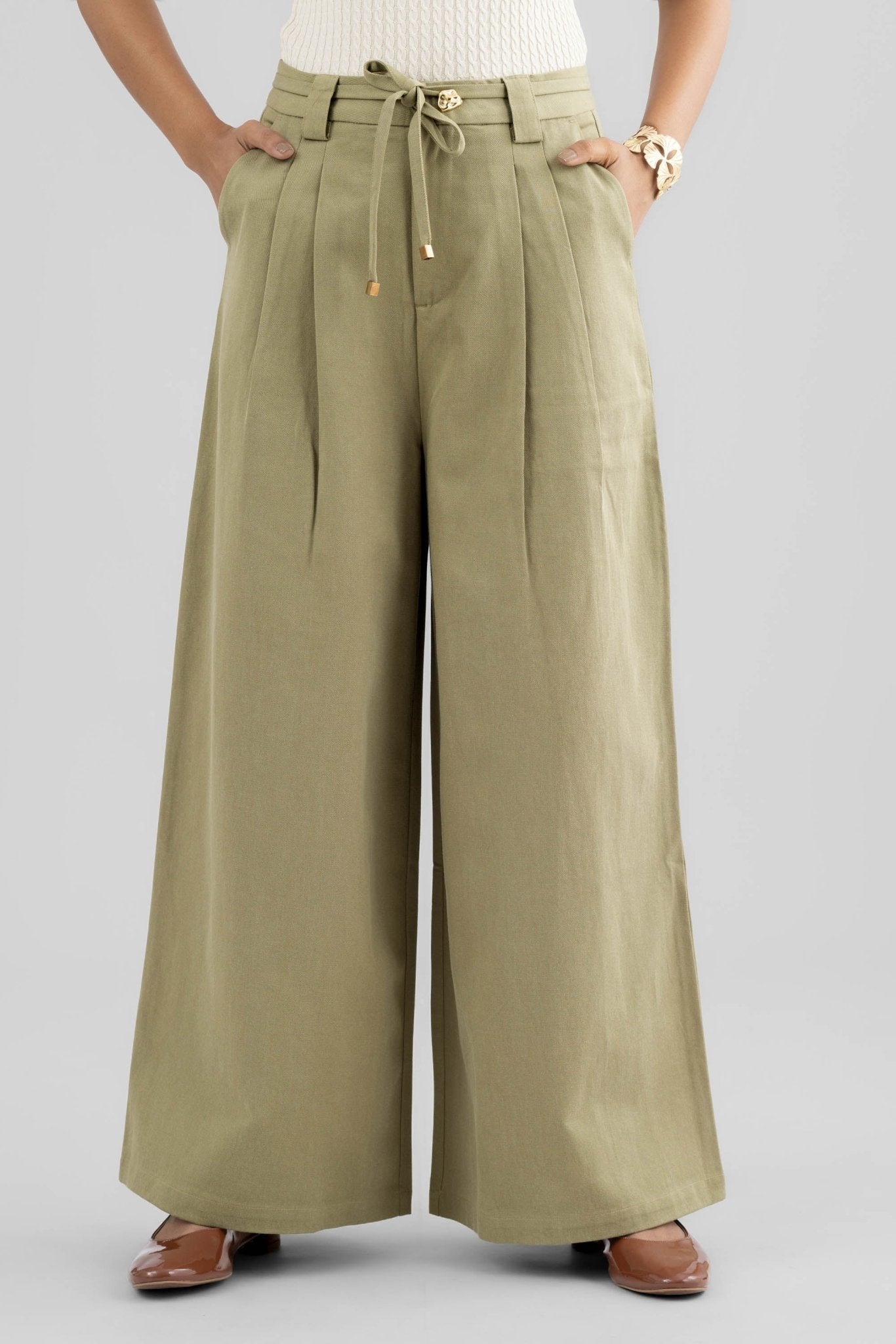 ALINA WIDE ANKLE PLEATED PANT WITH JEWEL BUTTON AND ROPE BELT - Sunday Story