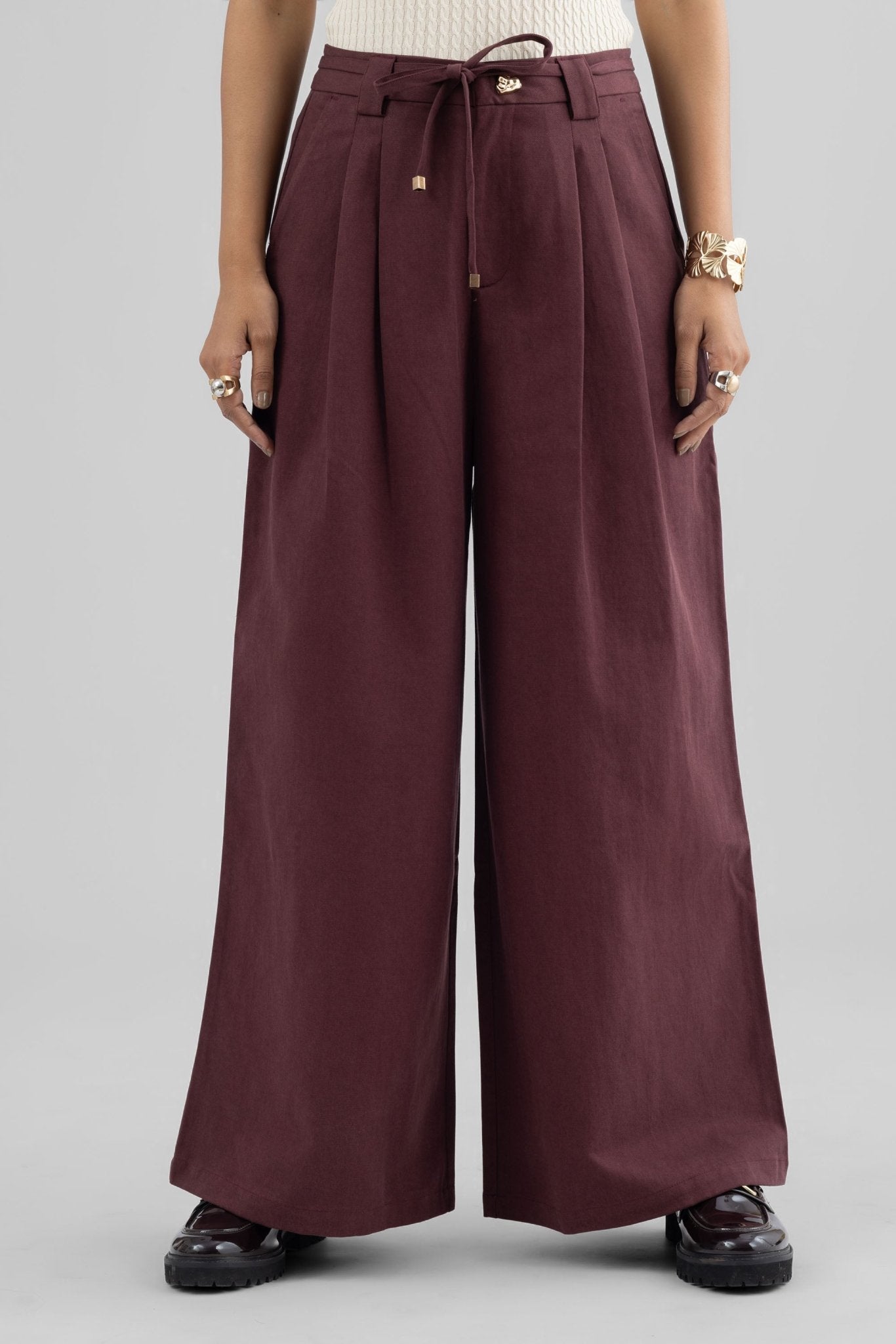 ALINA WIDE ANKLE PLEATED PANT WITH JEWEL BUTTON AND ROPE BELT - Sunday Story