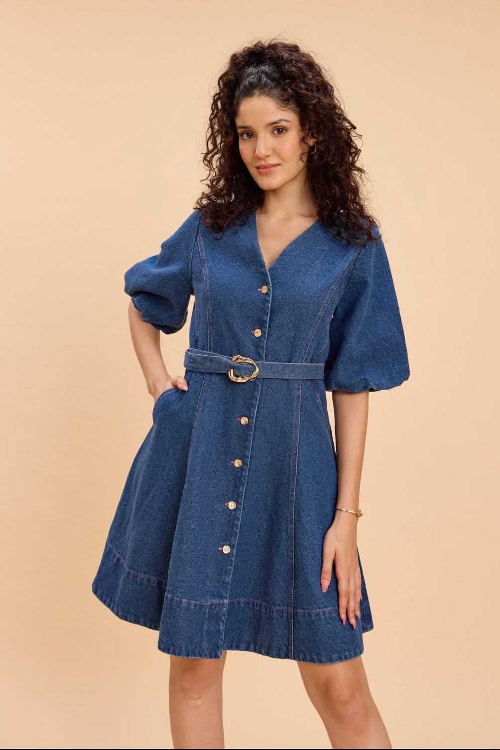 ALORA COTTON DENIM FIT AND FLARE V-NECK SHORT DRESS - Sunday Story