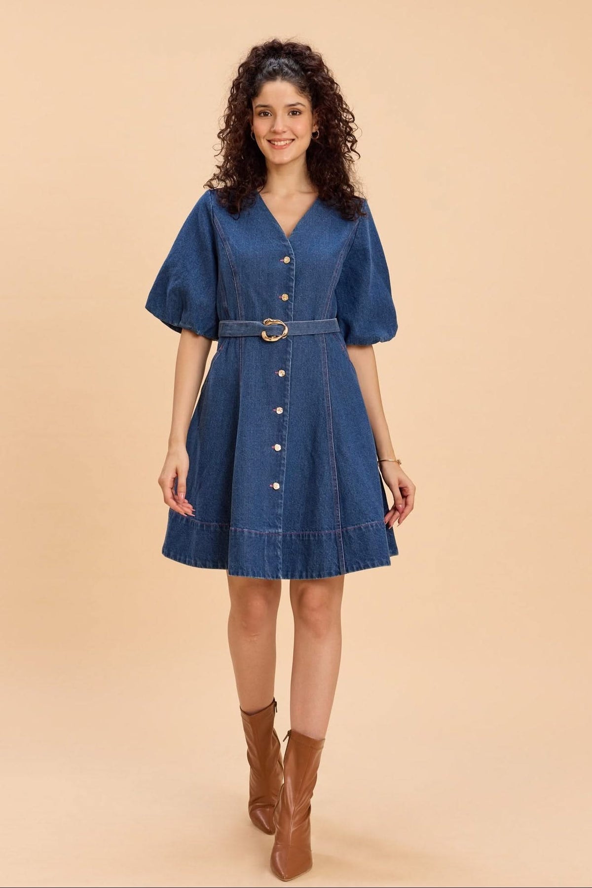 ALORA COTTON DENIM FIT AND FLARE V-NECK SHORT DRESS - Sunday Story