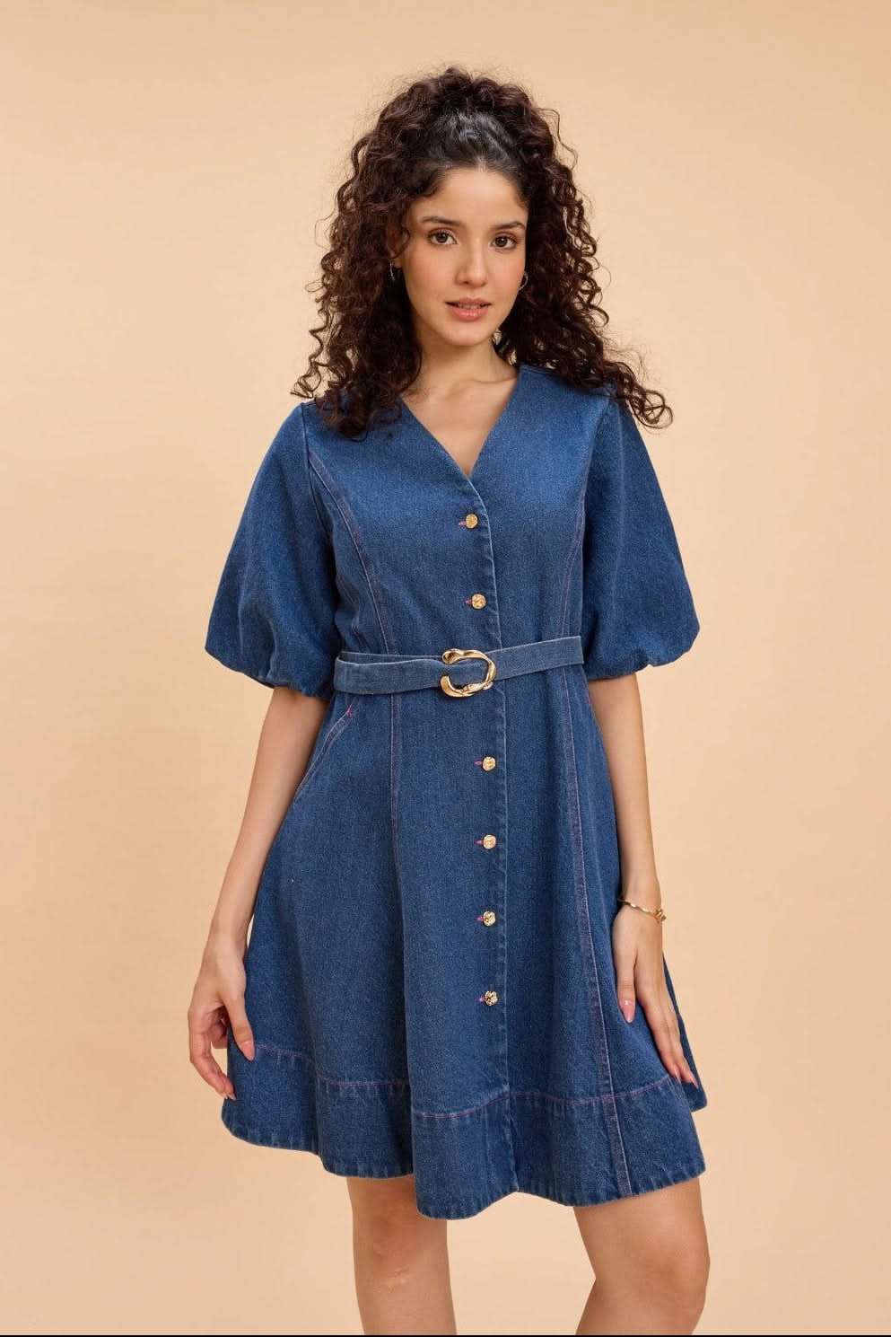 ALORA COTTON DENIM FIT AND FLARE V-NECK SHORT DRESS - Sunday Story