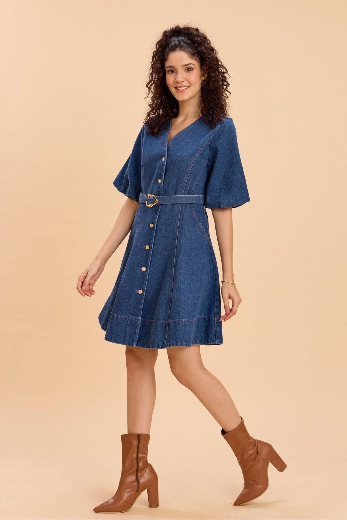ALORA COTTON DENIM FIT AND FLARE V-NECK SHORT DRESS - Sunday Story