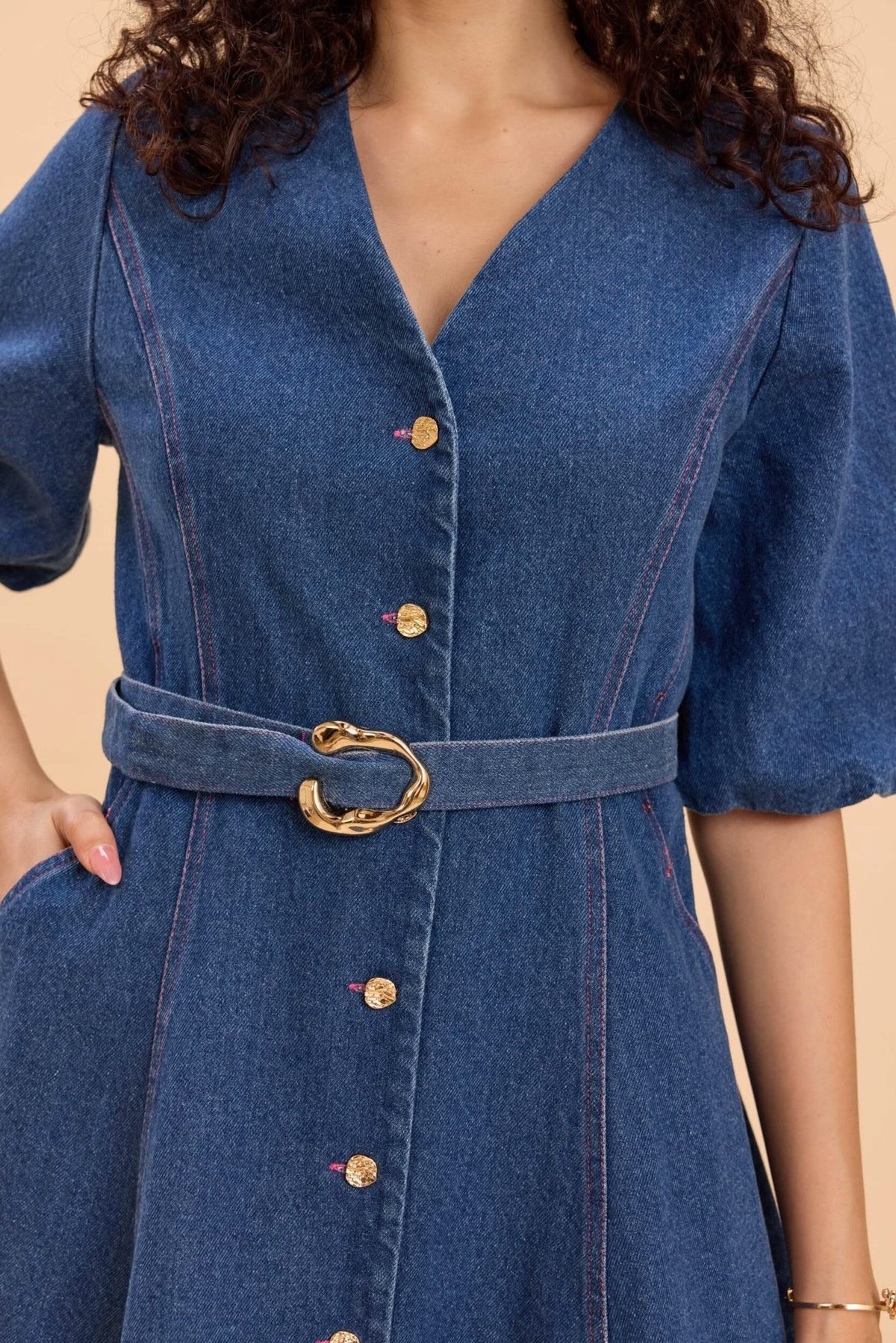 ALORA COTTON DENIM FIT AND FLARE V-NECK SHORT DRESS - Sunday Story