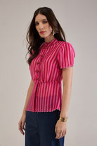 AMMY PINK STRIPED SCALLOPED PEPLUM TOP WITH FROG BUTTONS - Sunday Story